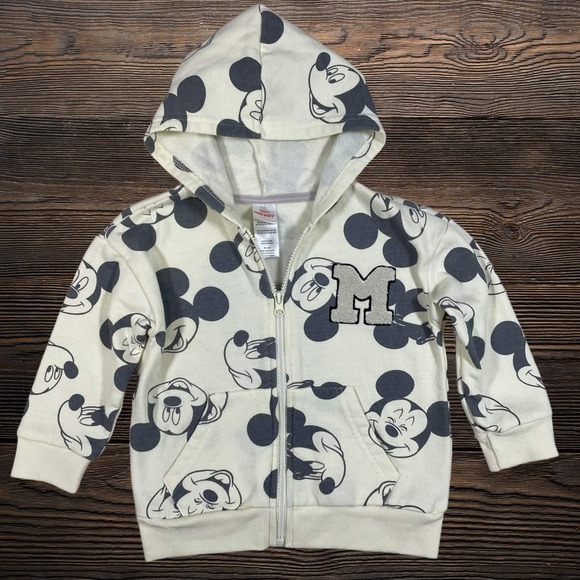 Disney Other - Disney Mickey Mouse Kids 3T Cream Zip Up Hoodie All Over Print Chenille Patch